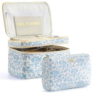 2pcs Travel Makeup Bag, Large Cotton Quilted Makeup Bag Cosmetic Bag Cute Make🐻